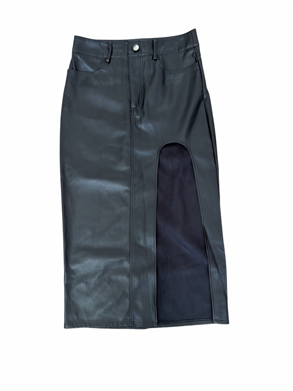 Windsor Black Faux Leather Midi Skirt with Curved Front Slit